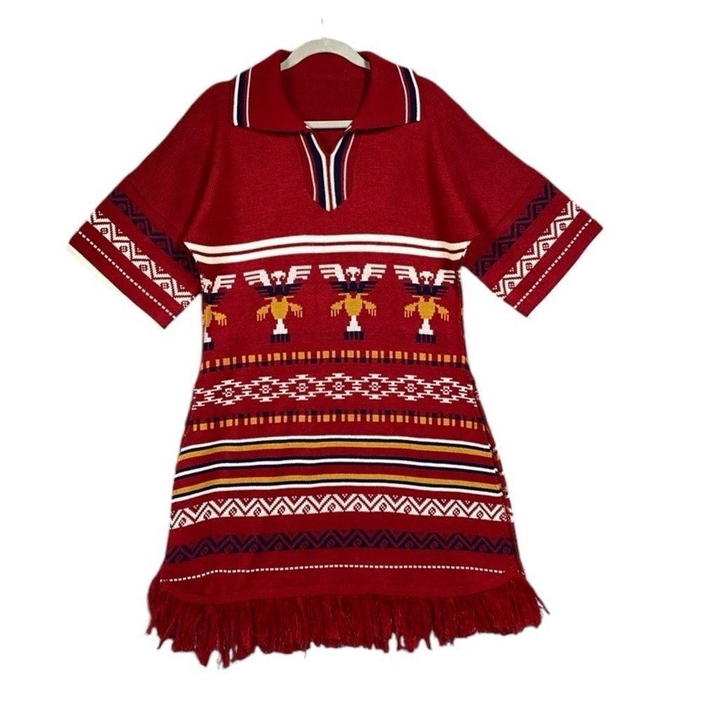 Vintage Vagabond Imports Aztec Tunic Sweater Tunic Womens Red Fringe Knit